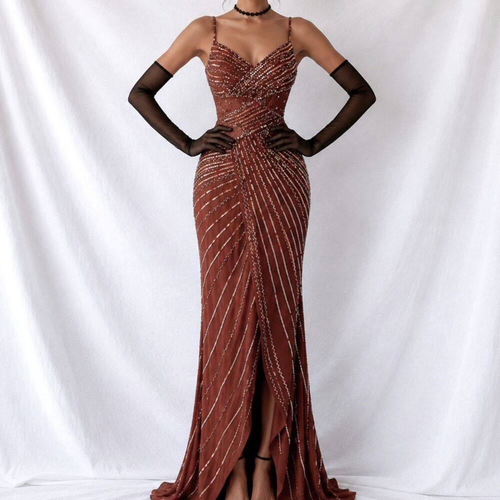 Vintage Y2K 90s Brown Beaded Sequin Maxi Bodycon Slit Formal Prom Dress Size S